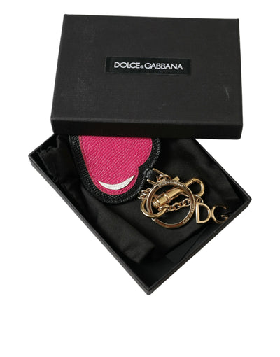 Dolce & Gabbana Rosa Schwarzes Herz Leder Goldton Messing Schlüsselanhänger Schlüsselanhänger