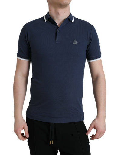 Dolce & Gabbana Blaues Crown Patch Baumwoll-Polo-T-Shirt mit Kragen für Männer