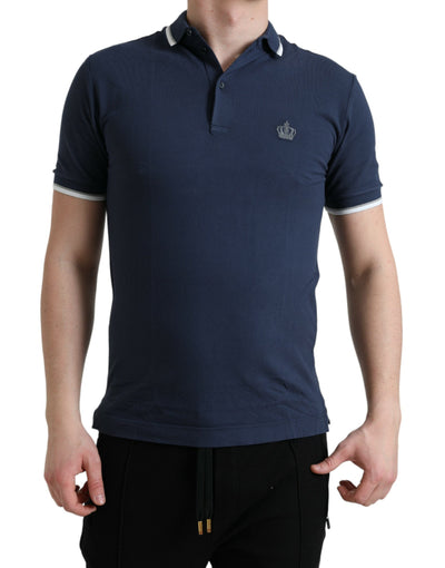 Dolce & Gabbana Blaues Crown Patch Baumwoll-Polo-T-Shirt mit Kragen für Männer