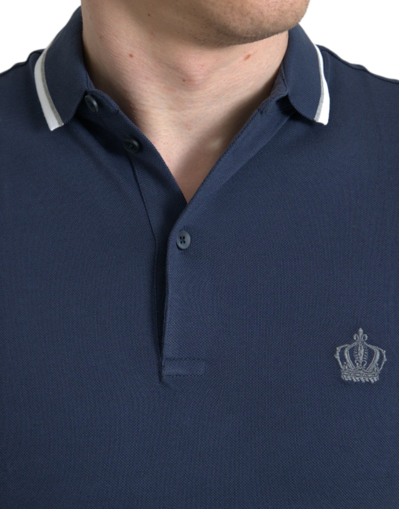Dolce & Gabbana Blaues Crown Patch Baumwoll-Polo-T-Shirt mit Kragen für Männer