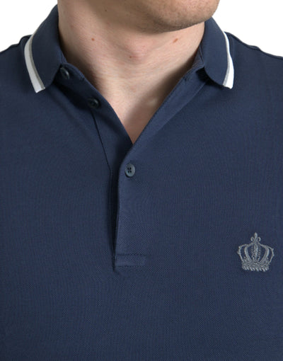 Dolce & Gabbana Blaues Crown Patch Baumwoll-Polo-T-Shirt mit Kragen für Männer