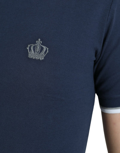 Dolce & Gabbana Blaues Crown Patch Baumwoll-Polo-T-Shirt mit Kragen für Männer