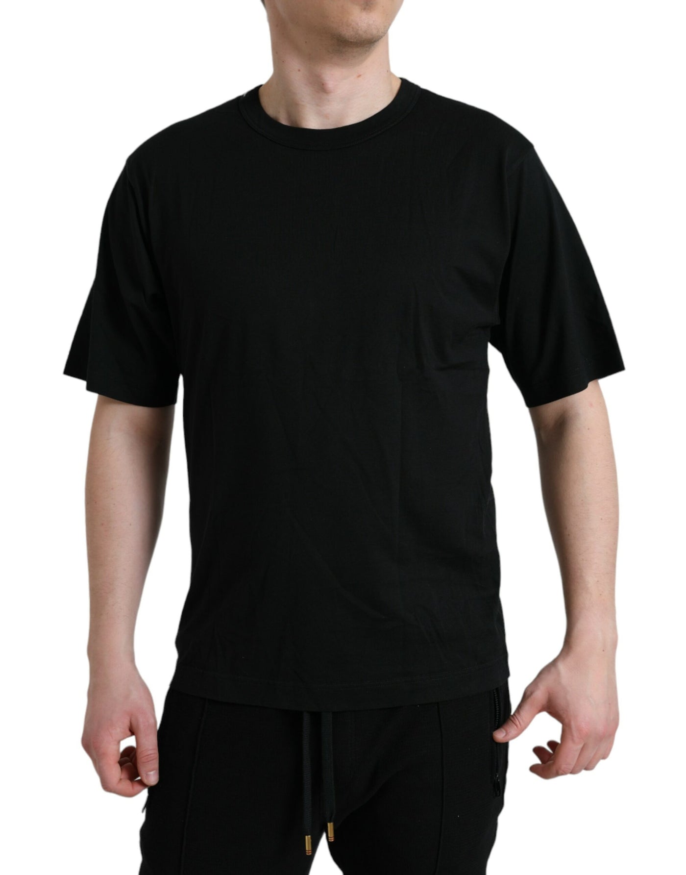 Dolce & Gabbana Schwarzes T-Shirt mit Rundhalsausschnitt und kurzen Ärmeln mit Logo-Prägung