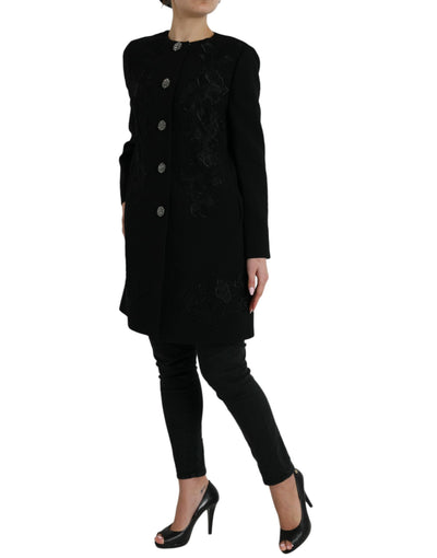 Dolce & Gabbana Schwarze Jacke aus Wolle mit Blumenmuster und Knöpfen
