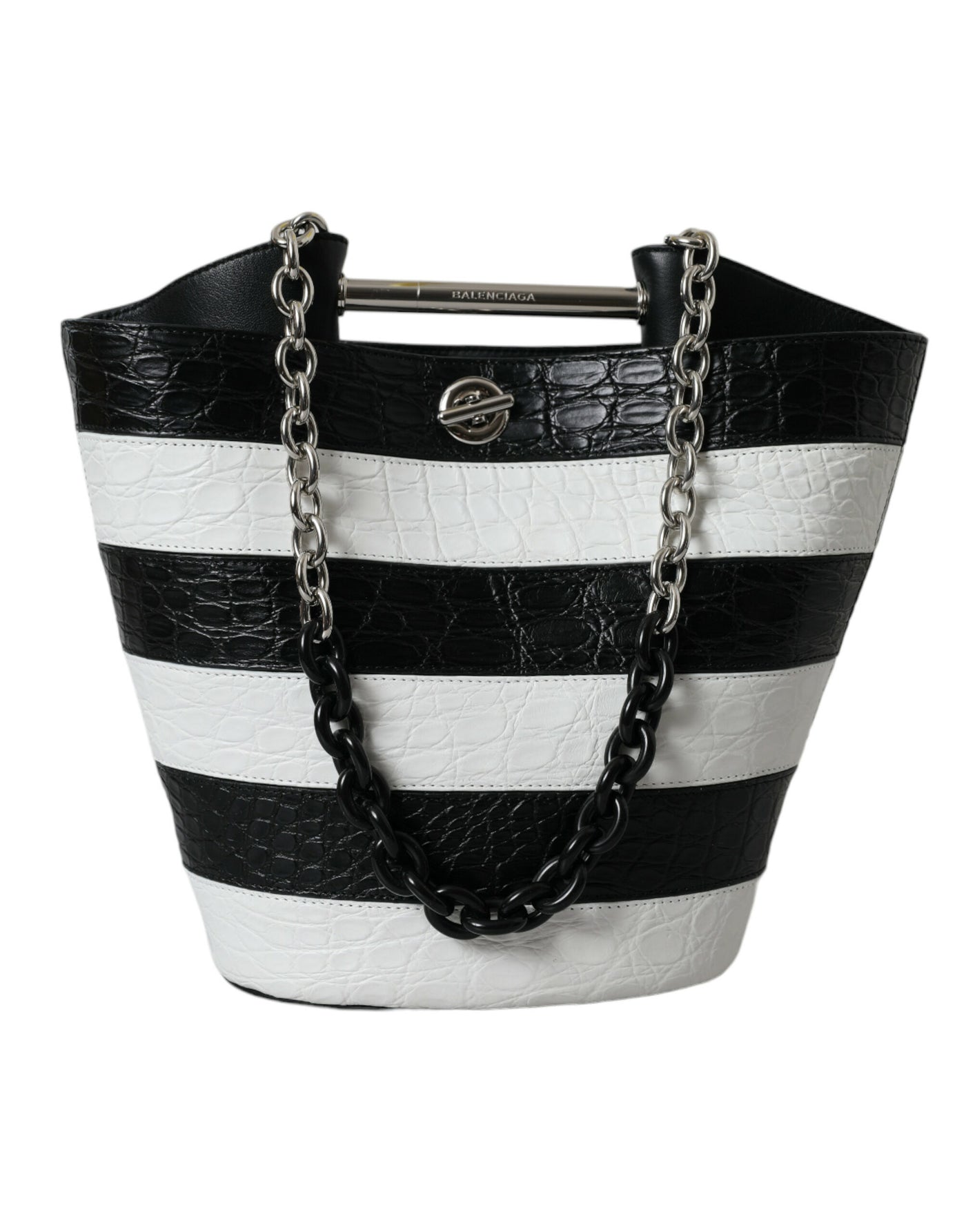 Balenciaga Schwarz-weiß gestreifte Exotenhaut Leder Maxi Bucket Tote Bag