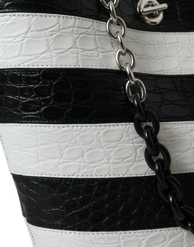 Balenciaga Schwarz-weiß gestreifte Exotenhaut Leder Maxi Bucket Tote Bag