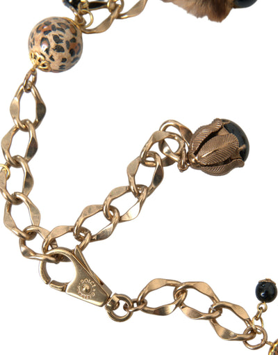 Dolce & Gabbana Gold Messing Leopard Pelz Perle Collier Kette Gürtel