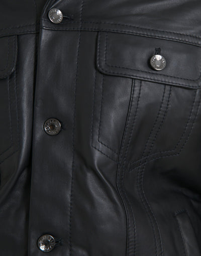 Dolce & Gabbana Schwarzes Leder Pelzkragen Bikermantel Jacke