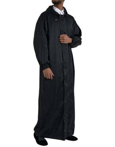 Dolce & Gabbana Schwarze lange Windbreaker-Jacke mit Kapuze aus Polyester