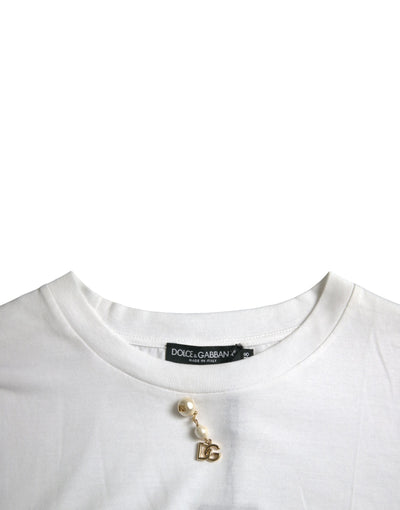 Dolce & Gabbana Weißes T-Shirt mit Rundhalsausschnitt aus Baumwolle mit Verzierungen
