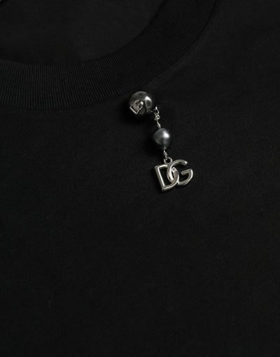 Dolce & Gabbana Schwarzes T-Shirt mit Rundhalsausschnitt aus Baumwolle mit Verzierungen