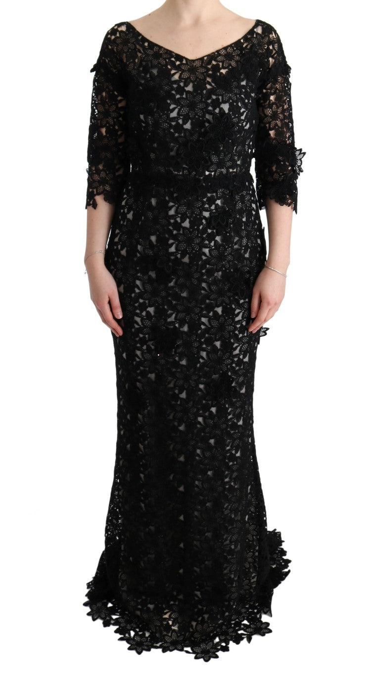 Dolce & Gabbana Schwarzes geblümtes langes Kleid aus Baumwollseide