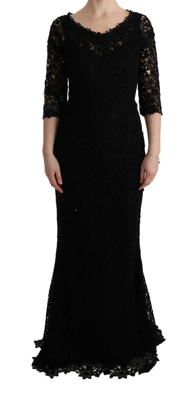 Dolce & Gabbana Schwarzes geblümtes langes Ricamo Etuikleid