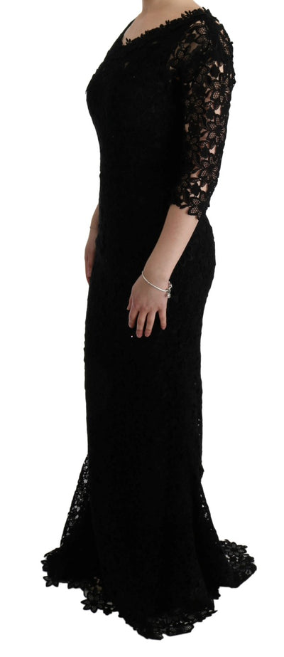 Dolce & Gabbana Schwarzes geblümtes langes Ricamo Etuikleid