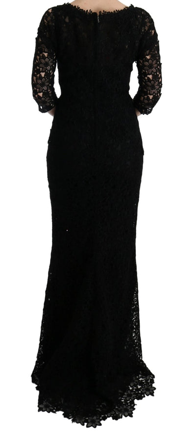 Dolce & Gabbana Schwarzes geblümtes langes Ricamo Etuikleid