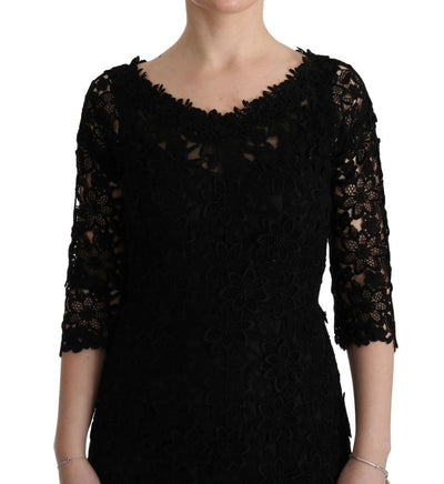 Dolce & Gabbana Schwarzes geblümtes langes Ricamo Etuikleid
