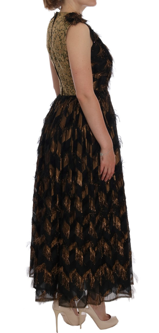 Dolce & Gabbana Schwarzes Seidenkleid mit braunen Fransen in A-Linie