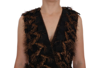Dolce & Gabbana Schwarzes Seidenkleid mit braunen Fransen in A-Linie