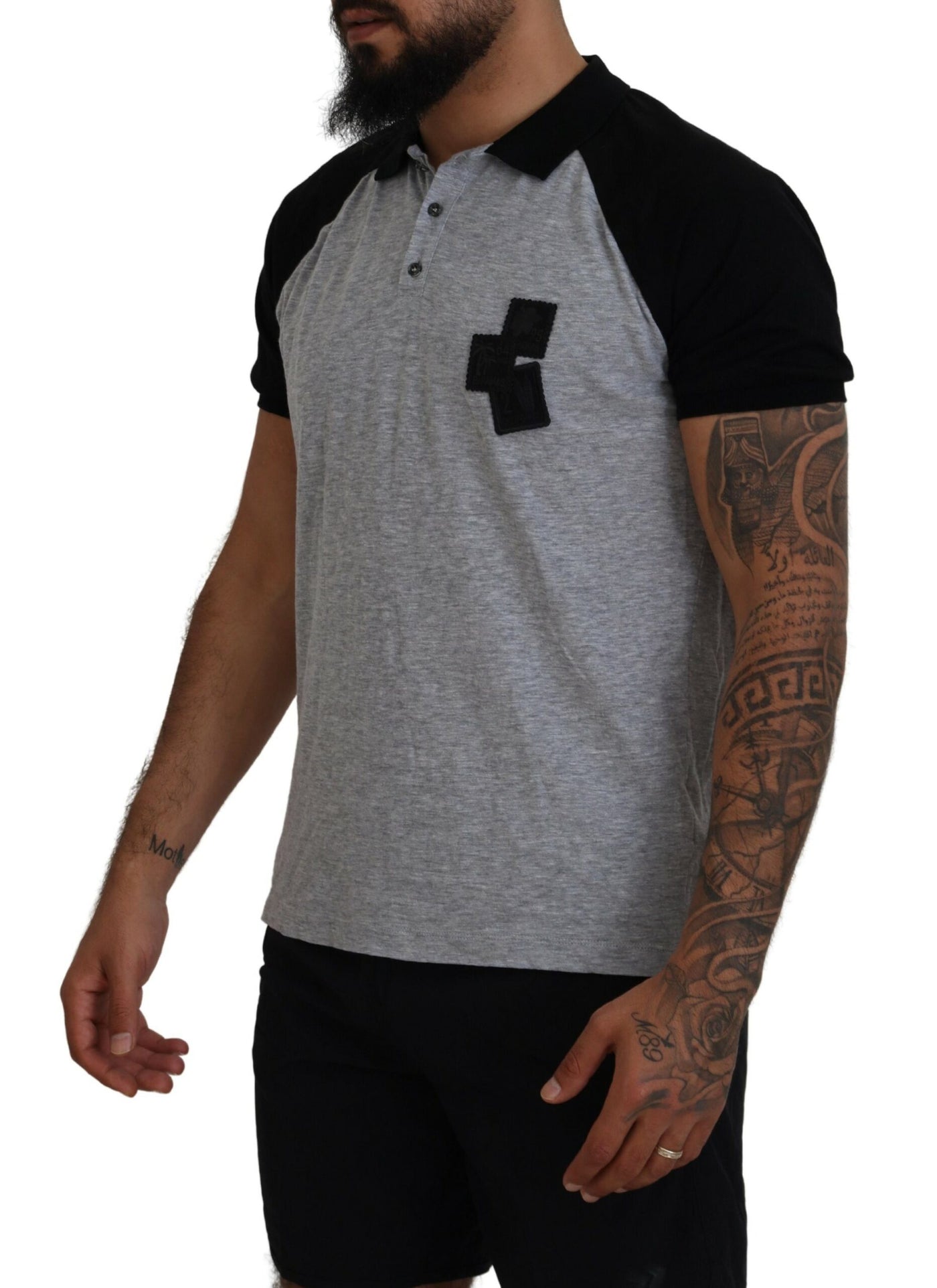 Dsquared² Graues schwarzes Baumwoll-T-Shirt mit kurzen Ärmeln und Kragen