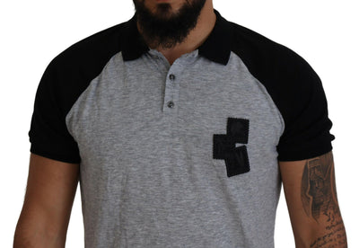 Dsquared² Graues schwarzes Baumwoll-T-Shirt mit kurzen Ärmeln und Kragen