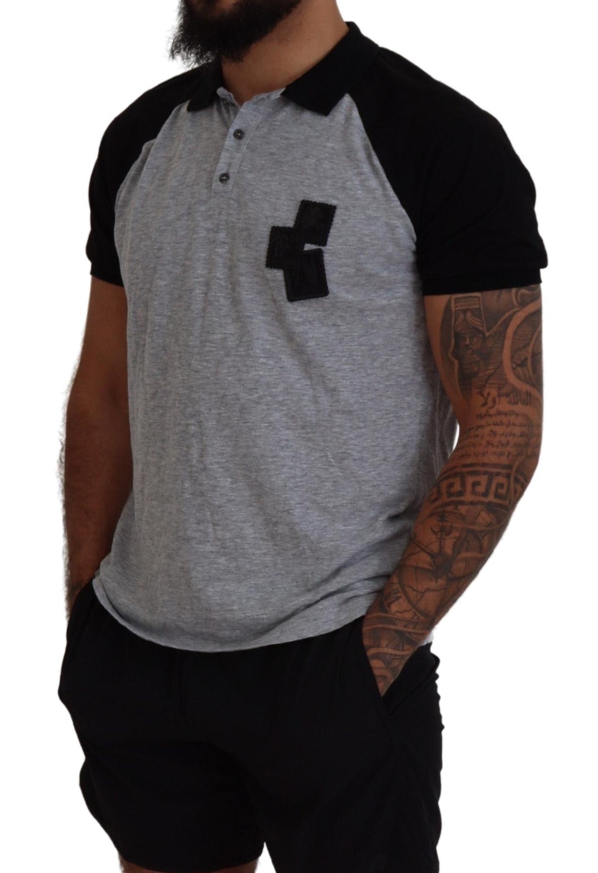 Dsquared² Graues schwarzes Baumwoll-T-Shirt mit kurzen Ärmeln und Kragen