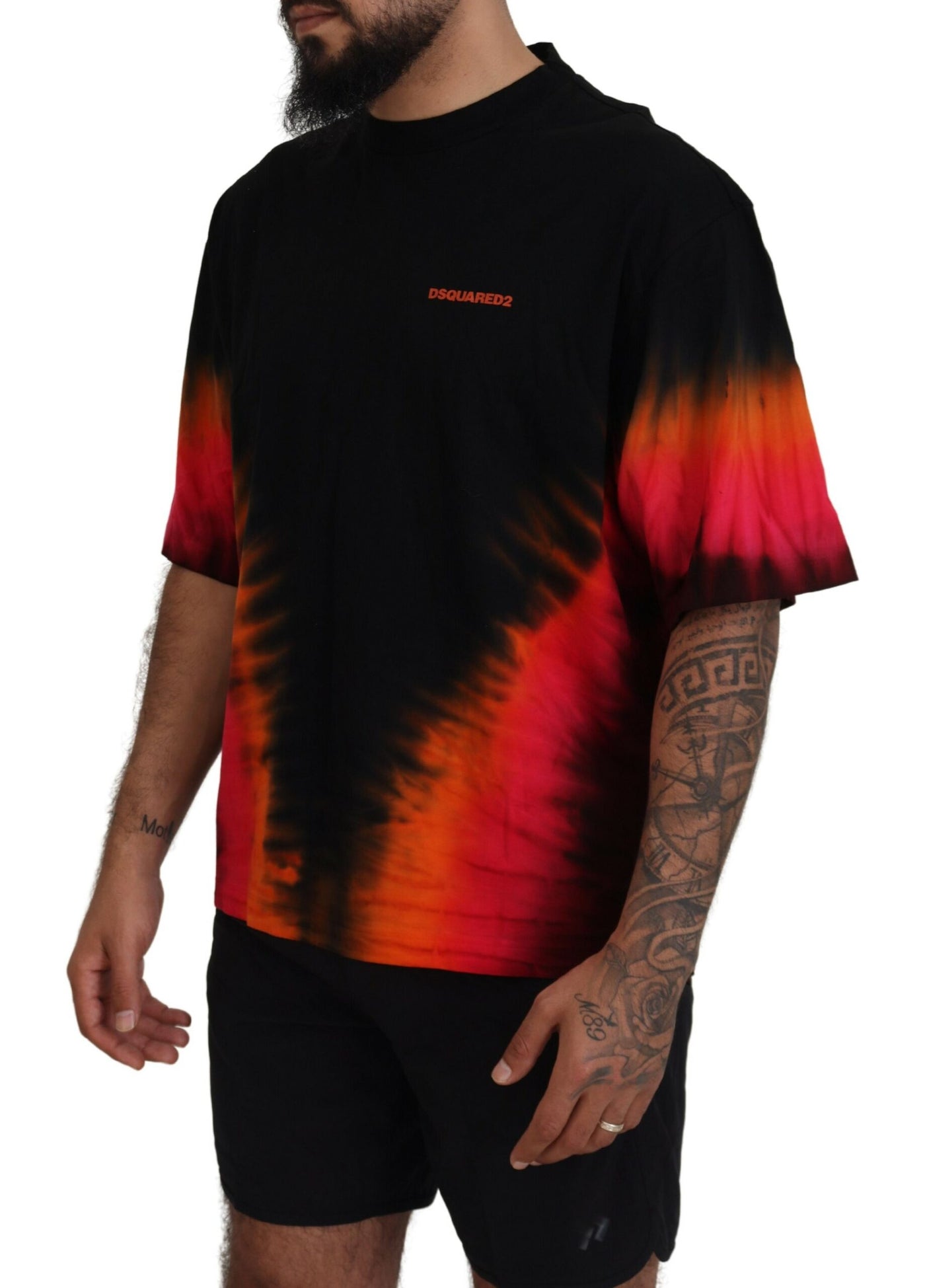 Dsquared² Schwarz-orangefarbenes Baumwoll-T-Shirt mit kurzen Ärmeln und Rundhalsausschnitt