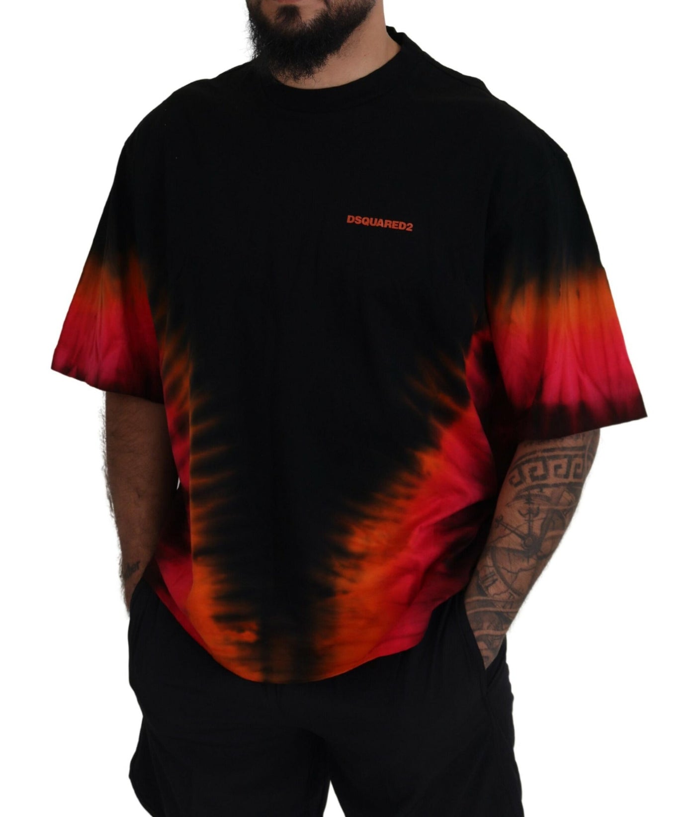 Dsquared² Schwarz-orangefarbenes Baumwoll-T-Shirt mit kurzen Ärmeln und Rundhalsausschnitt
