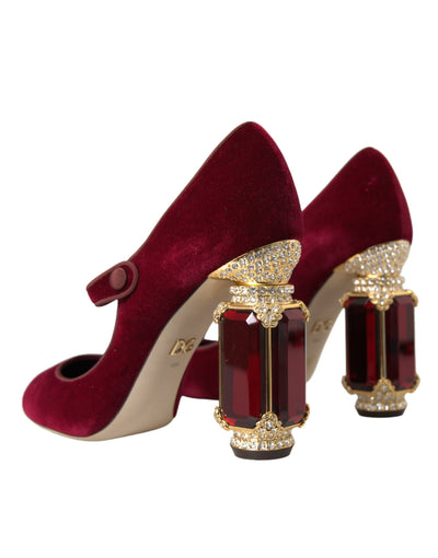 Dolce & Gabbana Rot Samt Gold Kristalle Heels Mary Jane Schuhe