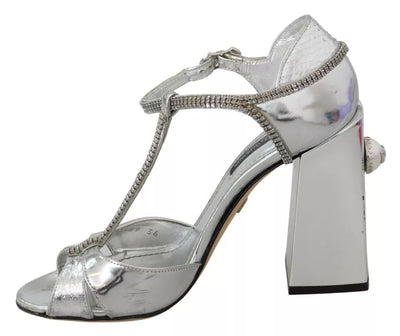 Dolce & Gabbana Silberne Kristalle T-Riemen Sandalen Lederschuhe