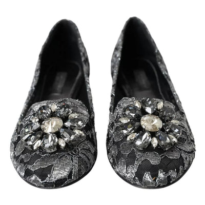 Dolce & Gabbana Graue Schwarze Spitze Kristall Ballett Loafers Schuhe