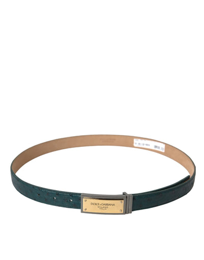 Dolce & Gabbana Grünes Leder Gold Logo Gravierte Schnalle Gürtel