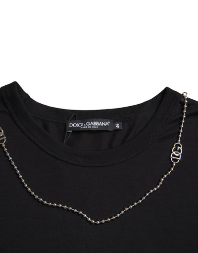 Dolce & Gabbana Schwarzes Baumwoll-Silberketten-T-Shirt mit kurzen Ärmeln