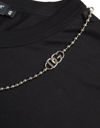 Dolce & Gabbana Schwarzes Baumwoll-Silberketten-T-Shirt mit kurzen Ärmeln