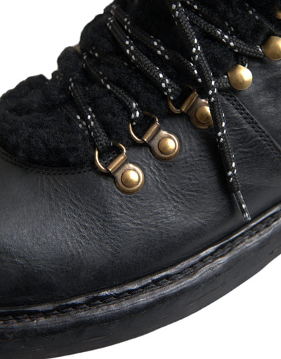 Dolce & Gabbana Schwarz Leder Bernini Shearling Stiefel Schuhe