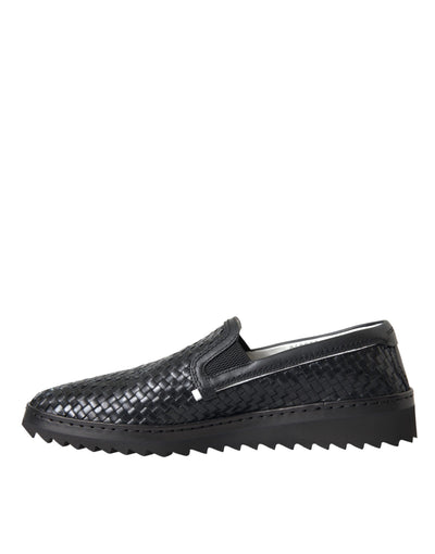 Dolce & Gabbana Schwarz gewebtes Büffelleder Herren Loafers Schuhe