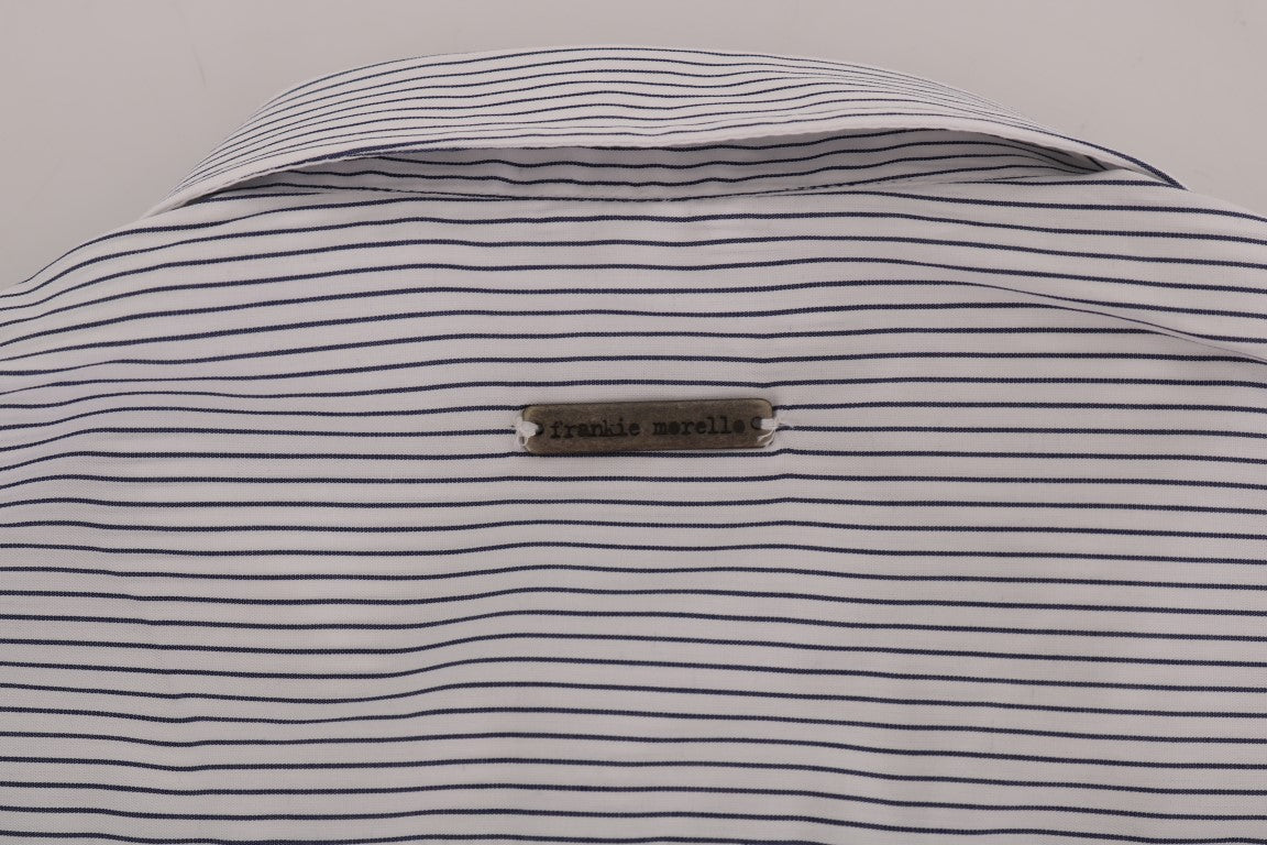 Frankie Morello Weiß-blau gestreiftes Casual Cotton Regular Fit Hemd