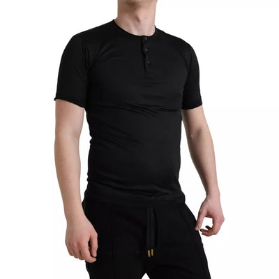 Dolce & Gabbana Schwarzes geknöpftes Kurzarm-T-Shirt mit Rundhalsausschnitt