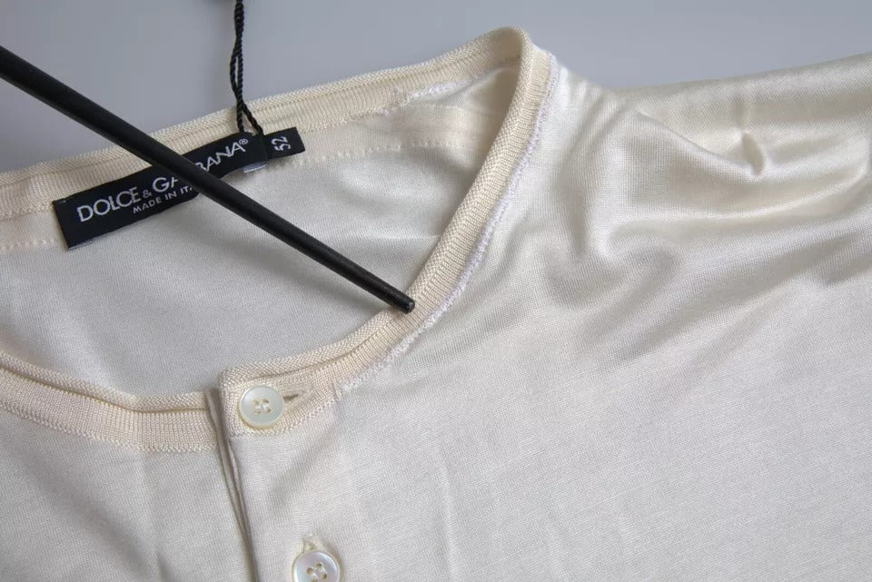 Dolce & Gabbana Weißes kurzes Seiden-T-Shirt mit Knopfverschluss