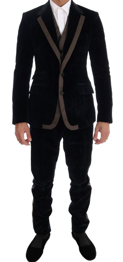 Dolce & Gabbana Blauer Samtanzug mit zwei Knöpfen, schlank, 3-teilig