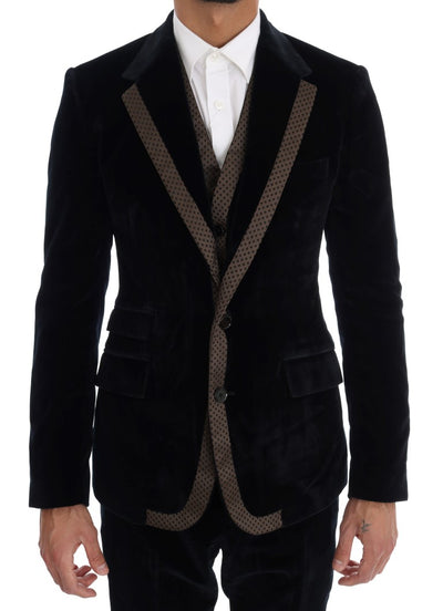 Dolce & Gabbana Blauer Samtanzug mit zwei Knöpfen, schlank, 3-teilig