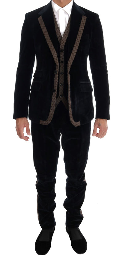 Dolce & Gabbana Blauer Samtanzug mit zwei Knöpfen, schlank, 3-teilig