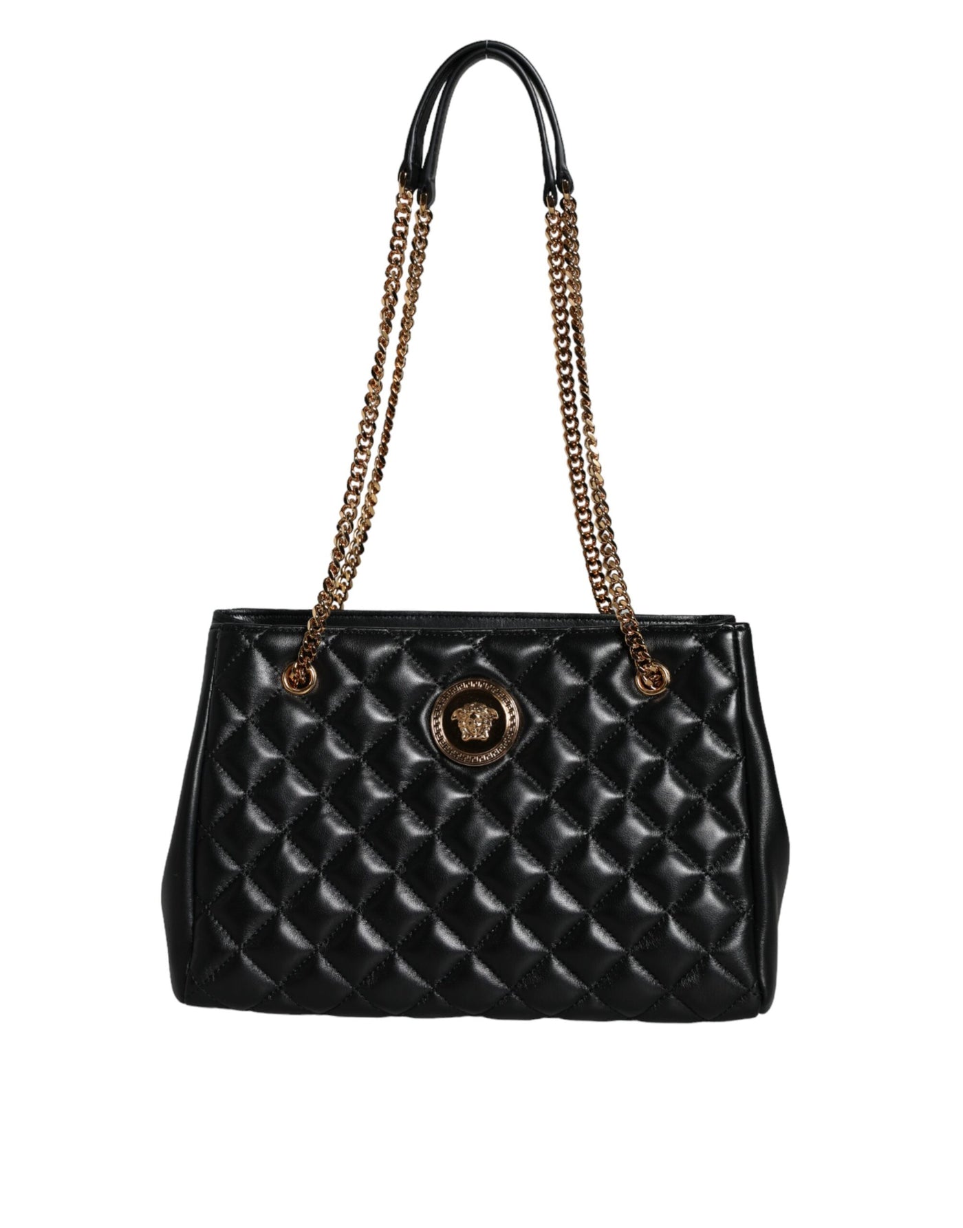 Versace Schwarze gesteppte Nappaleder-Schultertasche mit Kettenriemen