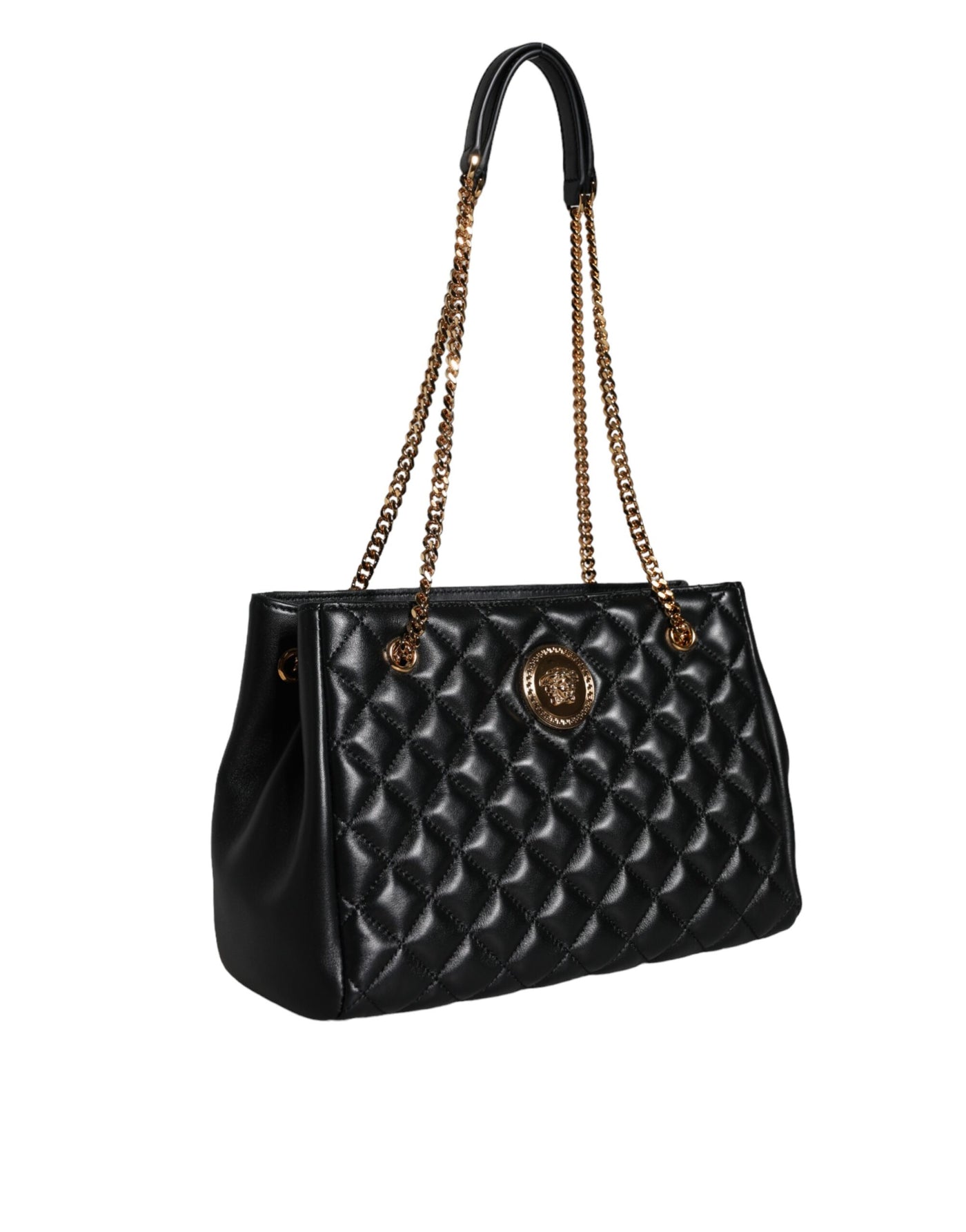 Versace Schwarze gesteppte Nappaleder-Schultertasche mit Kettenriemen