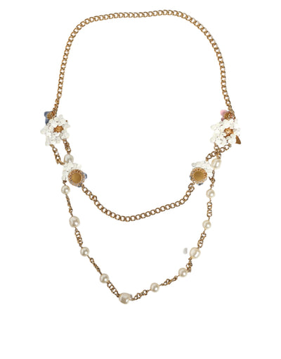 Dolce & Gabbana Gold Kette Messing Floral Geschichtet Kristall Perlenkette