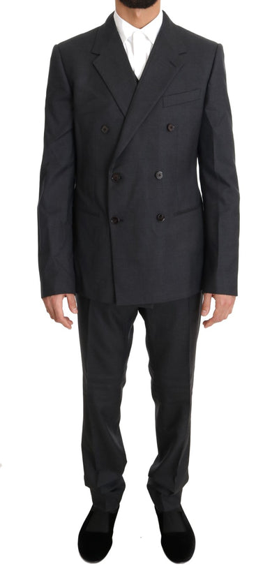Dolce & Gabbana Grauer zweireihiger schlanker Anzug aus Wolle und Seide