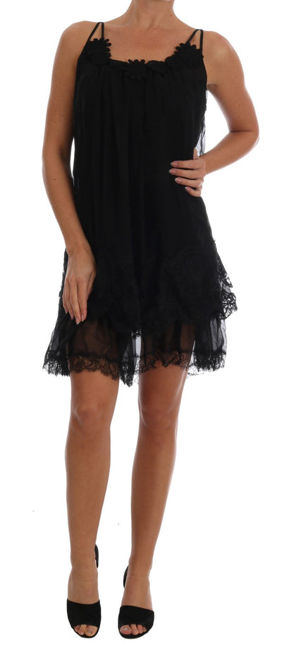Dolce & Gabbana Schwarzes Seiden-Spitzen-Chemise-Kleid