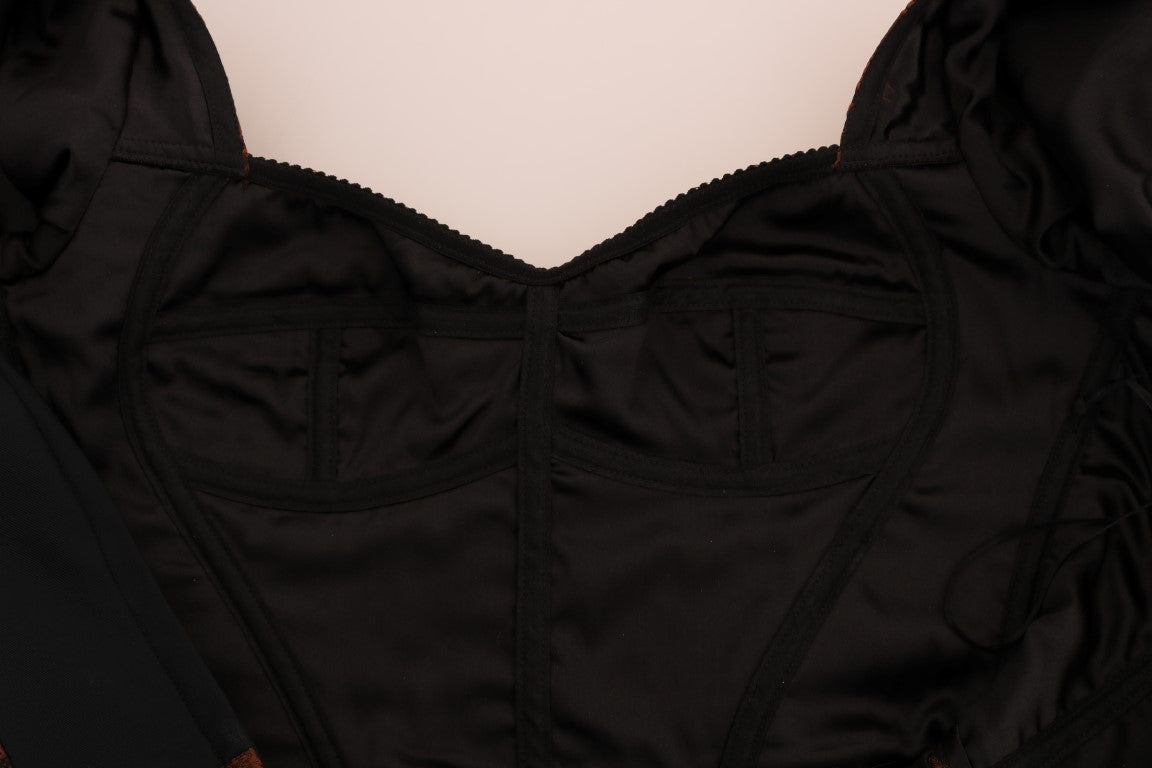 Dolce & Gabbana Schwarzbraunes Kleid aus geblümtem Brokat in A-Linie