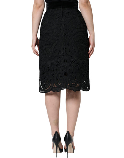 Dolce & Gabbana Schwarzer floraler Spitzen-Bleistiftrock mit hoher Taille