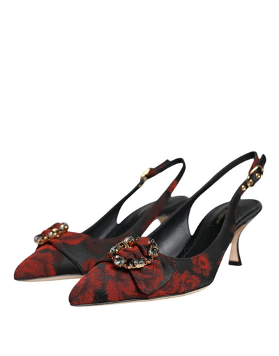 Dolce & Gabbana Schwarz Rot Floral Kristall Absatz Slingback Schuhe
