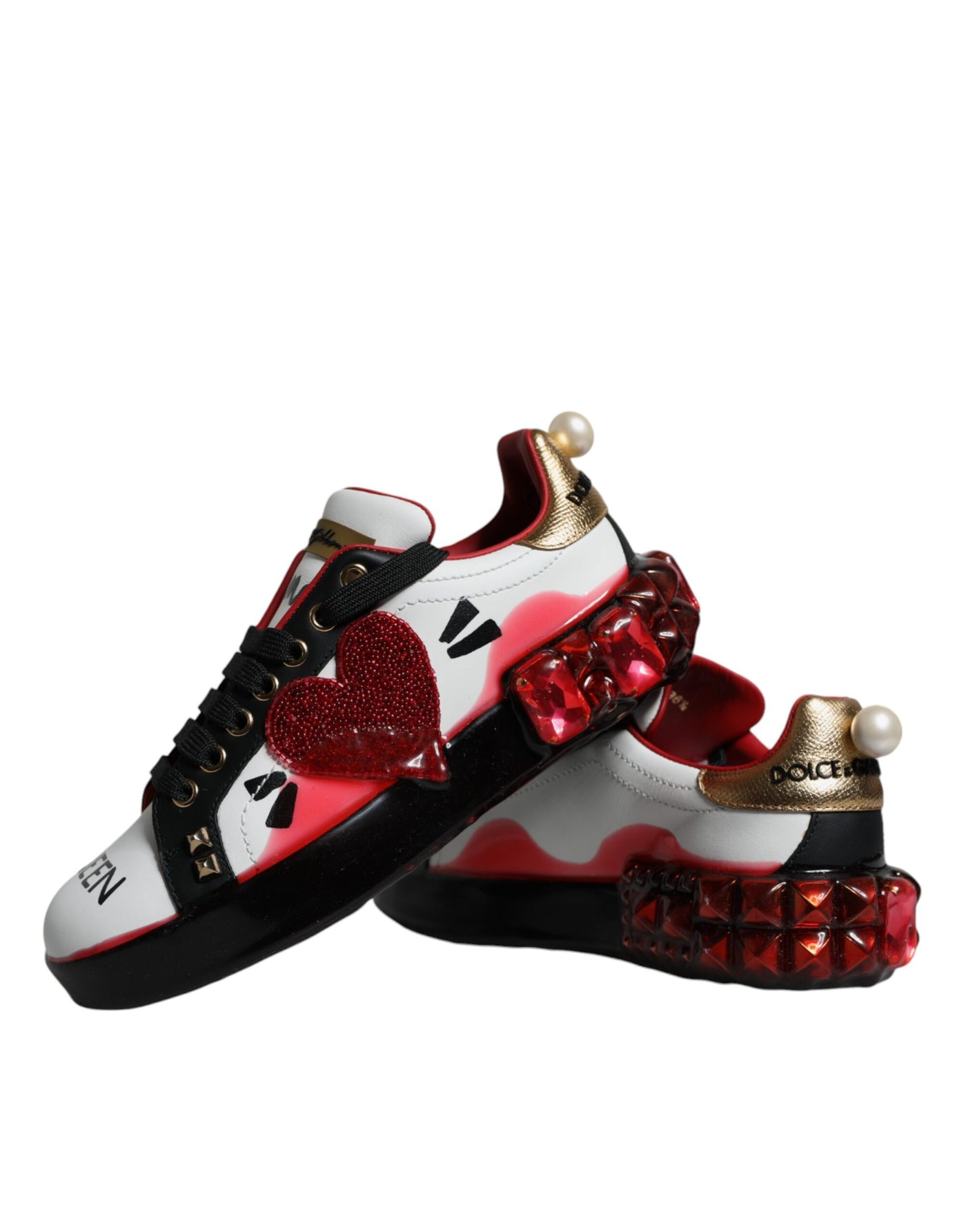 Dolce & Gabbana Weiß Rot Kristalle Leder Portofino Turnschuhe Schuhe